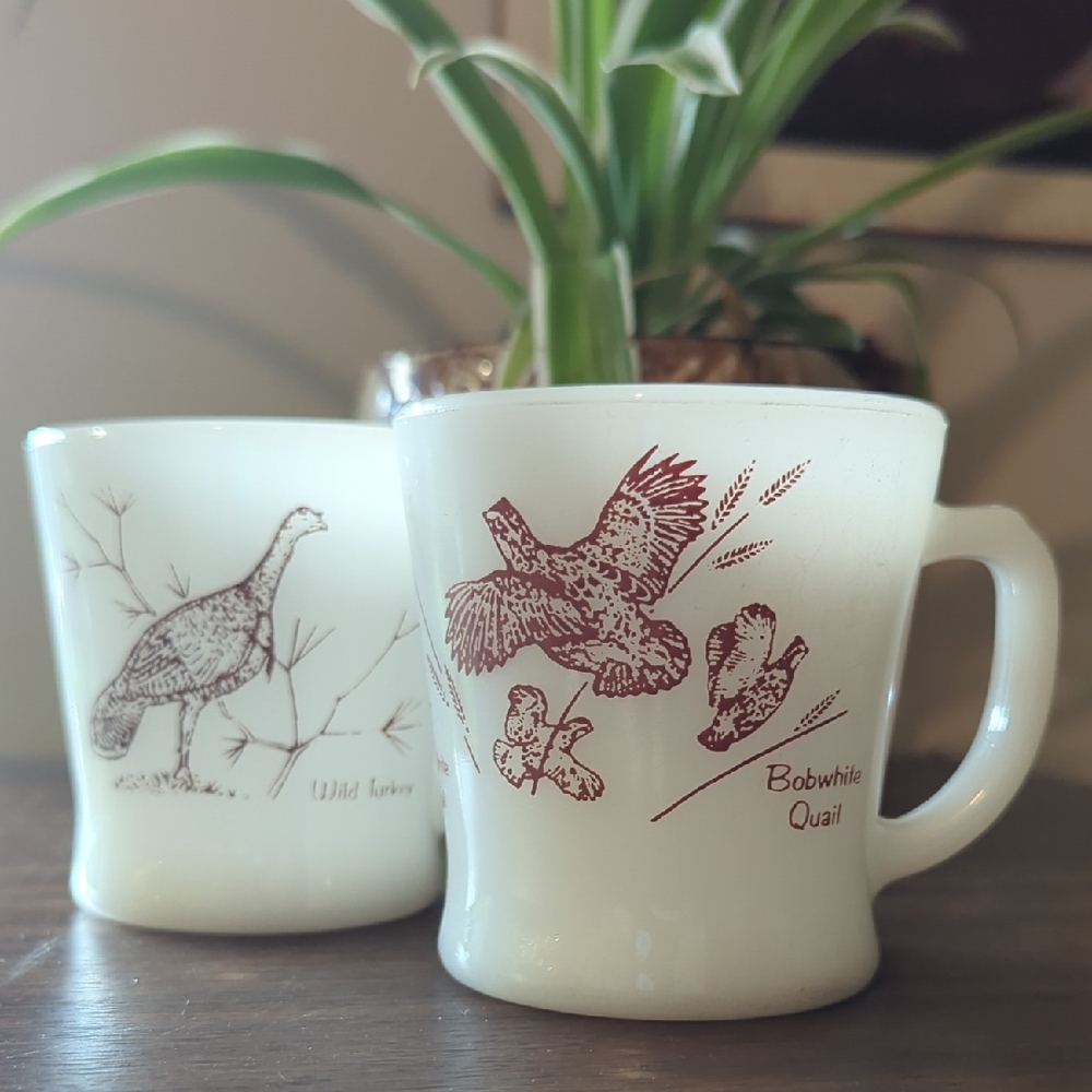 Anchor Hocking Fire King Milk Glass " Game Birds" Mugs